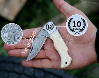 Handmade Damascus Pocket Knife White color Handle Birthday Gift Folding Knife Groomsmen Gift Anniversary Wedding Gift thanksgiving Gift Love