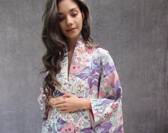 Vintage Original 50s 60s Purple white Japanese Kimono UK 8-12