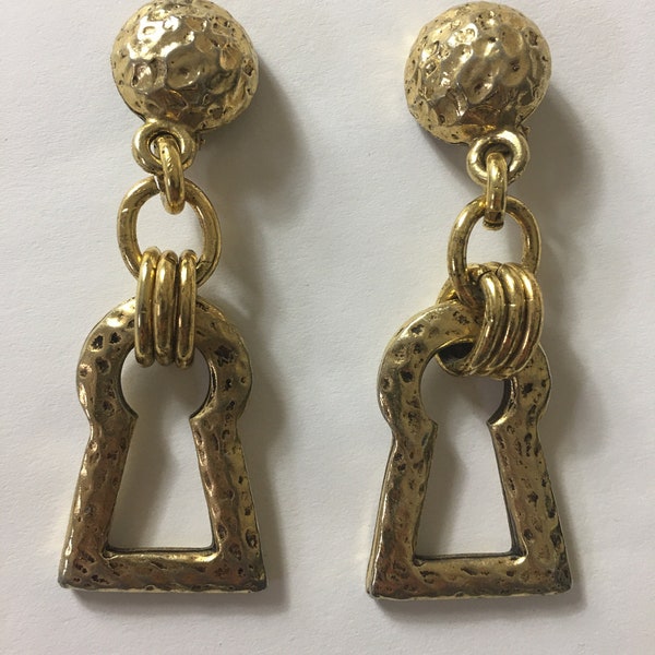 Vintage 1990s MOSCHINO Large 8cm long Gold metal costume jewellery clip on Key Hole earrings