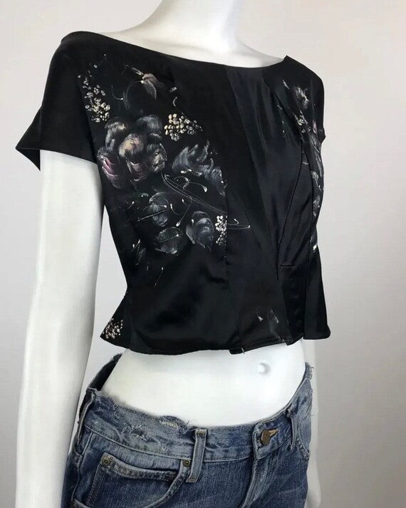 Vintage original 1950s black hand painted floral … - image 2