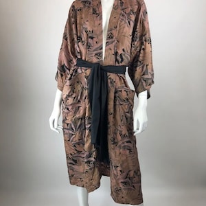 Vintage original 1990s raw silk brown kimono gown coat UK 10/12