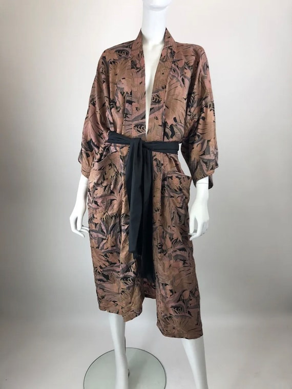 Vintage original 1990s raw silk brown kimono gown… - image 1