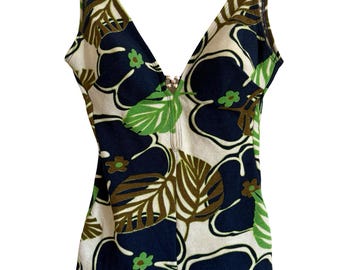 Vintage Original 1970s Retro Green navy Swim Costume Bathing Body Suit UK 10