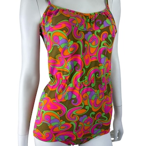 Vintage original 1960s Orange Pink Psychedelic Playsuit Romper UK 8 10