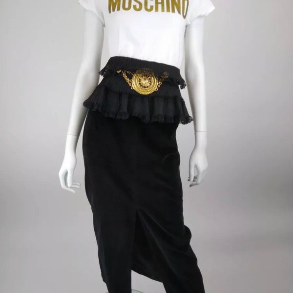 Vintage 1980s 1990s black velvet, lace high waist, gold lion large disc chain belt (Versace style) wiggle pencil skirt