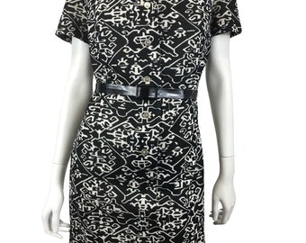 Vintage Original 1960s Retro Mod Black White Abstract Print Dress UK M 12