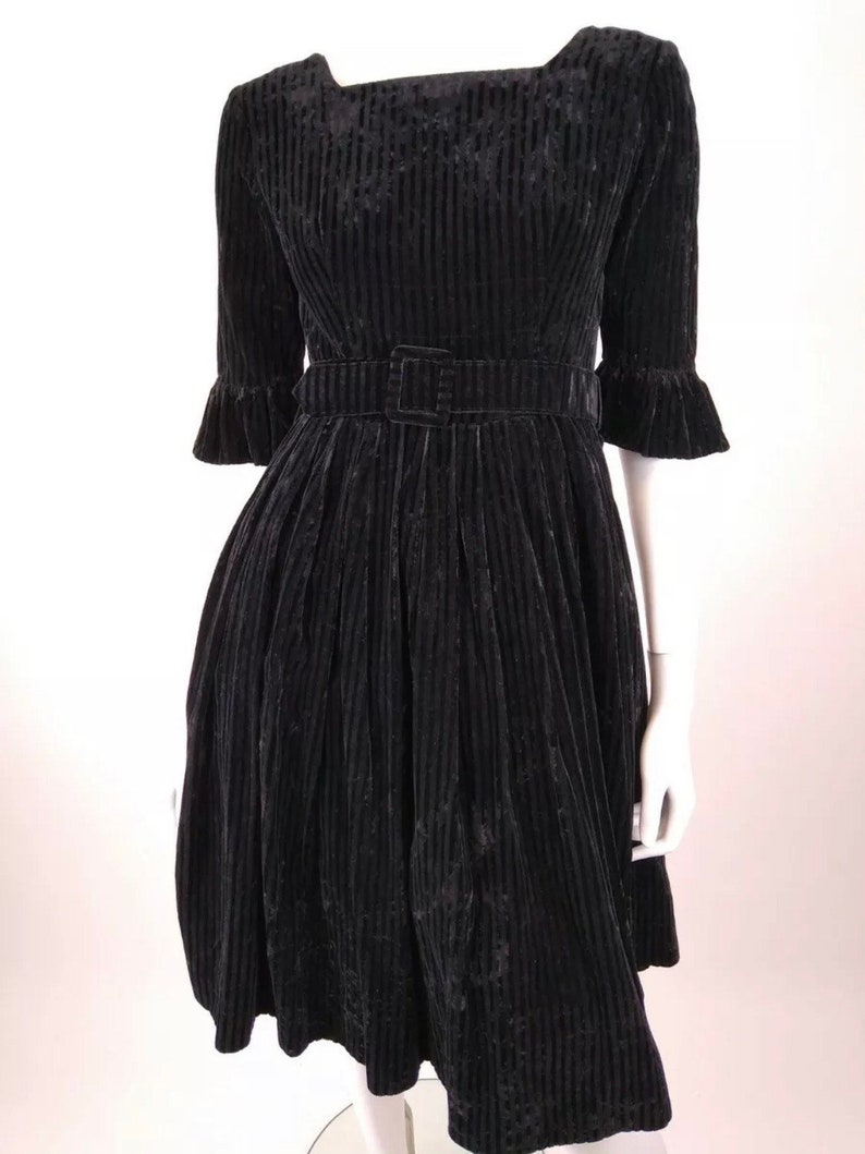 Vintage 1950s black ribbed velvet fit and flare dress by Modehaus record Germany image 1