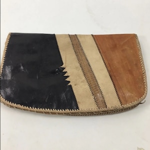 Vintage Original 1970s Hippie Brown Black Leather Clutch Bag Morocco