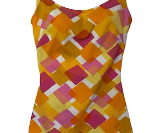 Vintage Original 1970s Retro Yellow Red Swimsuit Bathing Costume UK 8