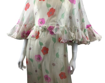 Vintage Original 1960s 70s Semi Sheer Floral Boho Maxi Dress UK 6 8