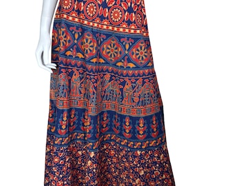 Vintage 70s Indian hand Block Print Wrap Midi Skirt Hippy Boho S 8 10 12