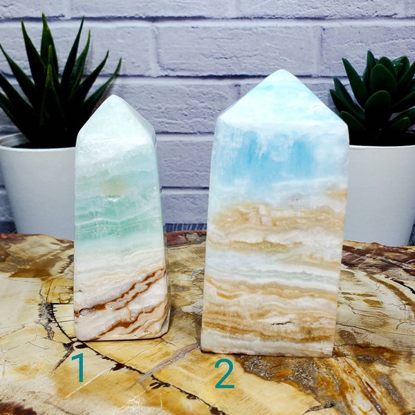 Torres de calcita del Caribe de alta calidad - Sky Blue y Seafoam Green Caribbean Calcite Tower- Calcita caribeña genuina