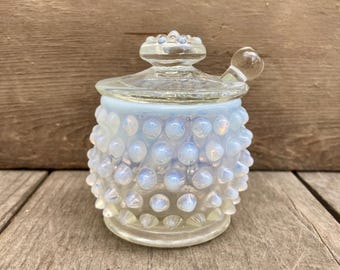 Fenton Moonstone Hobnail Mustard Jar – 1940s Opalescent Glass, Vintage Collectible