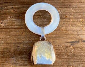 Antique Baby Rattle Teething Ring Art Deco Webster Sterling Silver - Mother of Pearl / Chalcedony