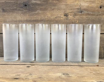Vintage Libbey Satin Tone Frosted Glasses Set of 6 - 1950s White Ombre Highball Tom Collins MCM Barware