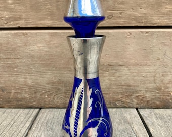 Vintage Cobalt Blue Glass Decanter: Murano-Style Silver Overlay, 1920s-40s