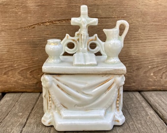 Antique Porcelain Crucifix Altar Fairing Box with Gold Accents – Religious Keepsake Collectible