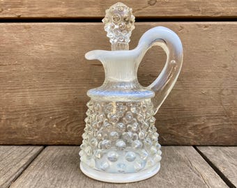 Vintage 1940s Hobnail Glass Cruet with Crystal Stopper – Mini Pitcher, Opalescent Tableware, Collectible