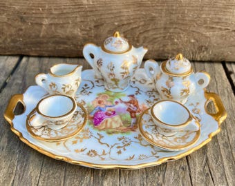 Limoges Dollhouse Miniature Tea Set: 22k Gold Accents, Courting Couple