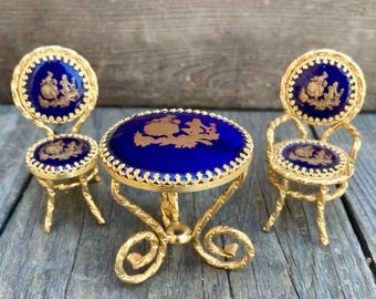 Vintage Limoges Dollhouse Furniture Set: Cobalt Blue Courting Couple, Ormolu Mounts