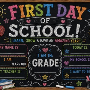 Peut inclure: Une affiche de style tableau noir avec les mots "FIRST DAY OF SCHOOL!" en craie colorée. L'affiche comprend des espaces pour écrire des informations personnelles, ainsi que des illustrations d'une pomme, d'un soleil, d'étoiles et d'une ampoule.