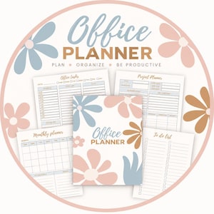 Puede incluir: Un conjunto de planificador de oficina con una portada central y varias páginas internas que incluyen un planificador mensual, un planificador de proyectos y una lista de tareas. El diseño muestra motivos florales en azul, rosa y bronceado.