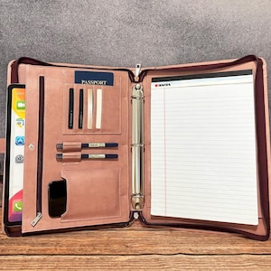 Pasta de couro rosa para mulheres, pasta de couro com fichário de 3 argolas, organizador de documentos A4 para escritório, pasta de escritório, presente para ela