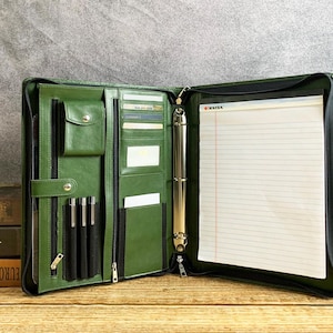 Green Vegan Leather Portfolio for Men, Leather Portfolio with 3 Ring Binder, Personalized Padfolio with Name/Logo, Business Gift for Him