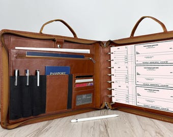 Personalized Leather Checkbook Binder Portfolio for Men, 7 Ring Check Binder, 9x13&quot; Document Organizer