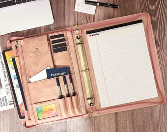 Personalized Pink Leather Portfolio for Women, Vegan Leather Padfolio with A4 Notepad, Business Folder