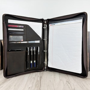 Personalized Leather Portfolio with 4-Ring Binder, Custom Name&Logo, Engraved Padfolio, Business Folder