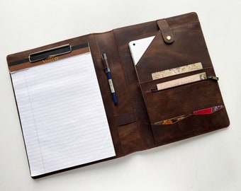 Left-Handed Leather Portfolio, Personalized Padfolio for Men, Office Organizer with Clipboard, Custom Company Gift,