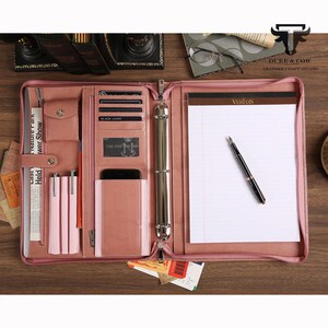 Pink Leather Portfolio for Women,Personalized Padfolio with Name&Logo,Letter Size Notepad