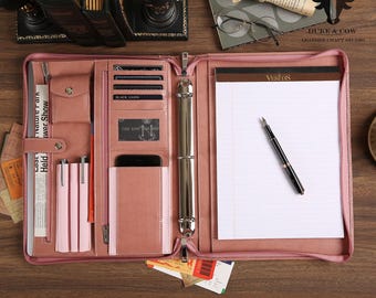 Pink Leather Portfolio for Women,Personalized Padfolio with Name&Logo,Letter Size Notepad