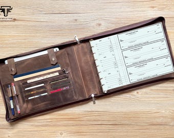 Personalized 7 Ring Check Book Portfolio,Cheque Leather Padfolio Binder,9x13"Document Organizer