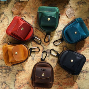 Petite pochette personnalisée en cuir, petit étui pour écouteurs, pochette pour pièce de monnaie en cuir avec fermeture éclair, mini sac banane pour homme, cadeau d'anniversaire