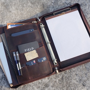 Personalized Portfolio with Handle, Leather 3 Ring Binder Portfolio, Leather Padfolio with Name, Legal Size Leather Folder with Clipboard