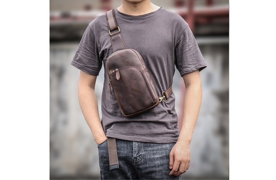 Vintage Leather Sling Bag, Men Shoulder Bag, Travel Bag, Crossbody Bag, Men's Chest Bag, Gift for Men/Father/Boss