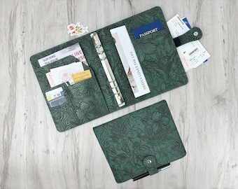 May include: Green floral-patterned planner with a matching cover. The open planner displays a passport, tickets, and cards. The cover is closed with a snap. The text "DEEPLY LOVES THE LIFE" is visible on a bookmark.