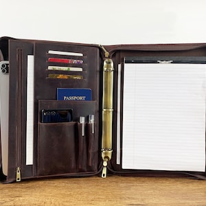 Personalized Leather Portfolio for Men, 3 Ring Binder Padfolio, Custom A4 Document Holder