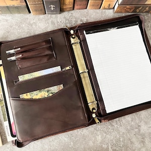 Leather Binder with A4 Notepad Holder, Custom Portfolio with Name & Logo Engraving, Business Leather Portfolio Binder 3 Ring, Christmas Gift