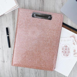 Pink Glitter Vegan Leather Portfolio for Women, Clipboard Padfolio, Document Organizer with a4 Notepad