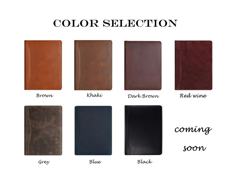 May include: Color selection chart for a leather bound journal. The colors shown are brown, khaki, dark brown, red wine, grey, blue, and black. The text "coming soon" is displayed below the black journal.