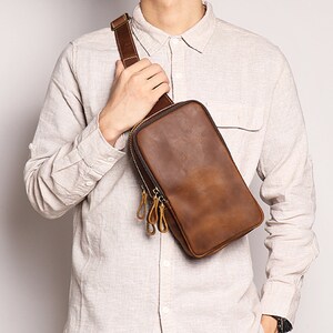 Vintage Leder Sling Bag, Männer Umhängetasche, Reisetasche, Crossbody Bag, Herren Brusttasche, Geschenk für Ihn/Vater/Boss