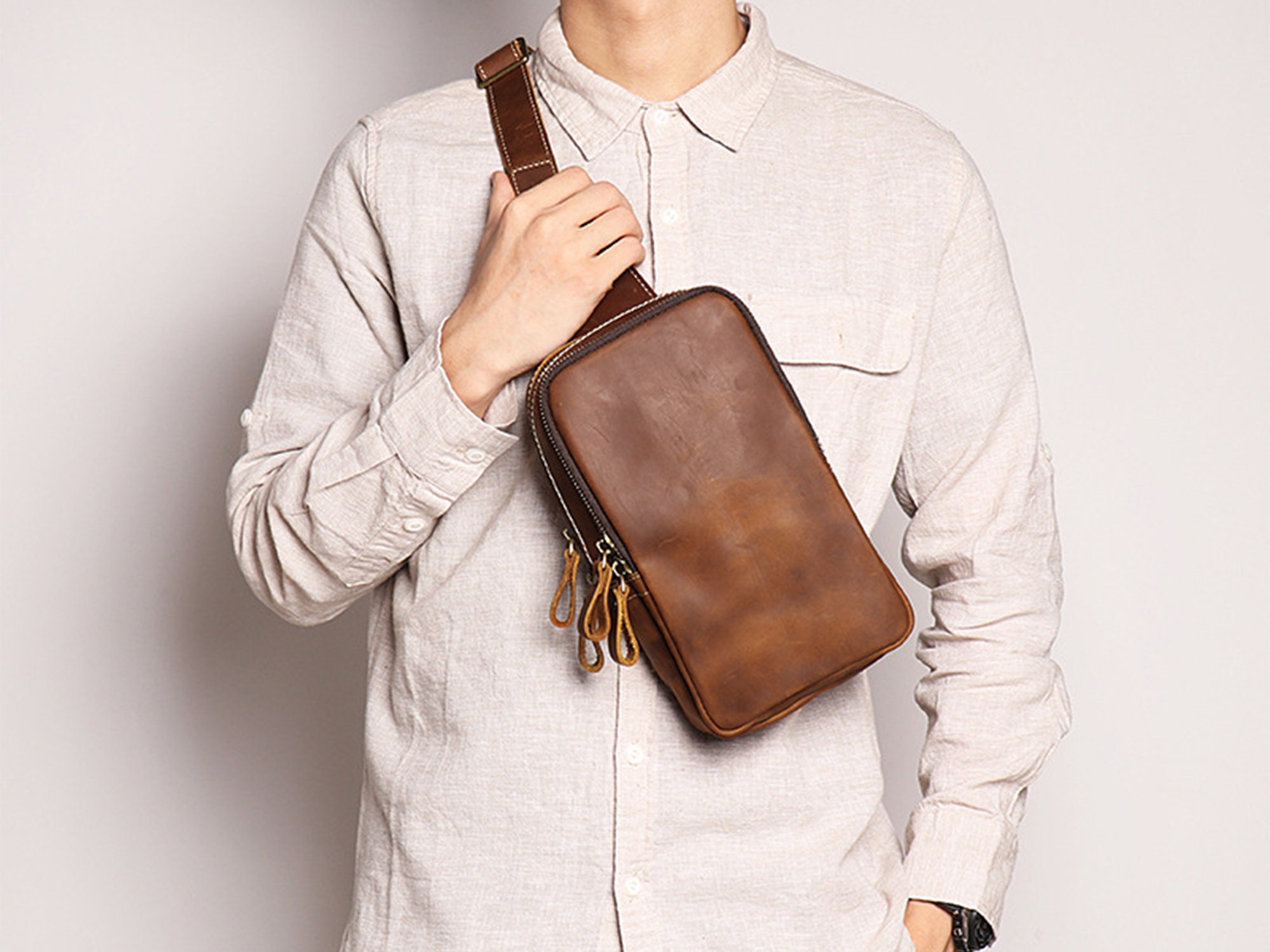 Leather sling bag men Etsy