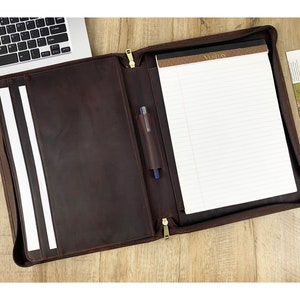 Genuine Leather Portfolio with Handle, Customized Portfolio for Left Handed, Personalized Zipper Padfolio, Leather Portfolio for Men & Women