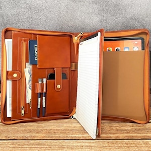 Personalized Leather Portfolio for Men, Leather Padfolio with Tablet Holder, A4 Document Organizer