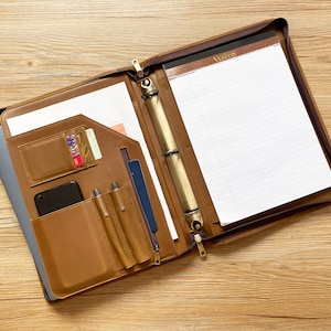 Personalized Leather 3-Ring Binder Portfolio, Leather Padfolio for A4 Notepad Folder, A4 Office Padfolio with Zipper, Gift for Graduation