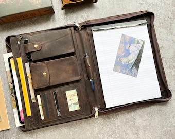 Personalized Leather Padfolio,Left Handed Leather Folder,Zippered Portfolio with Phone Pockets,Business Folio