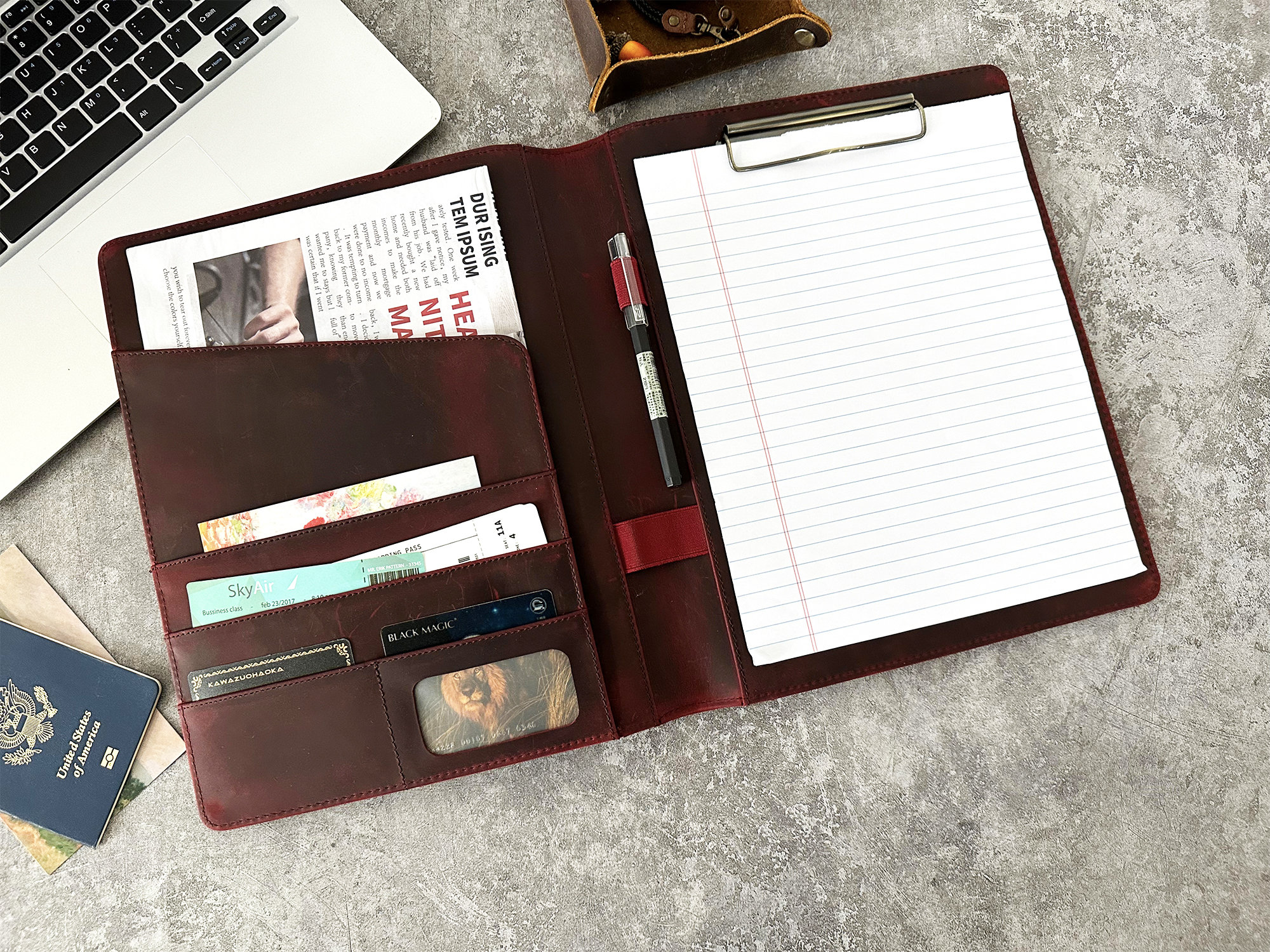 Personalized Business Leather Portfolio for Men, Leather Journal Folder with Clipboard, Office A4 Document Organizer, Graduation Gifts